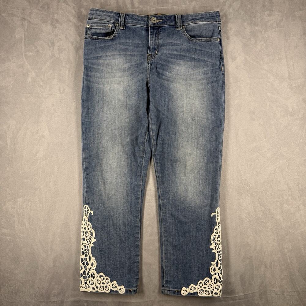 INC Women's 10 Straight Leg Crop Jeans Blue Crochet Lace Hem Stretch Denim
